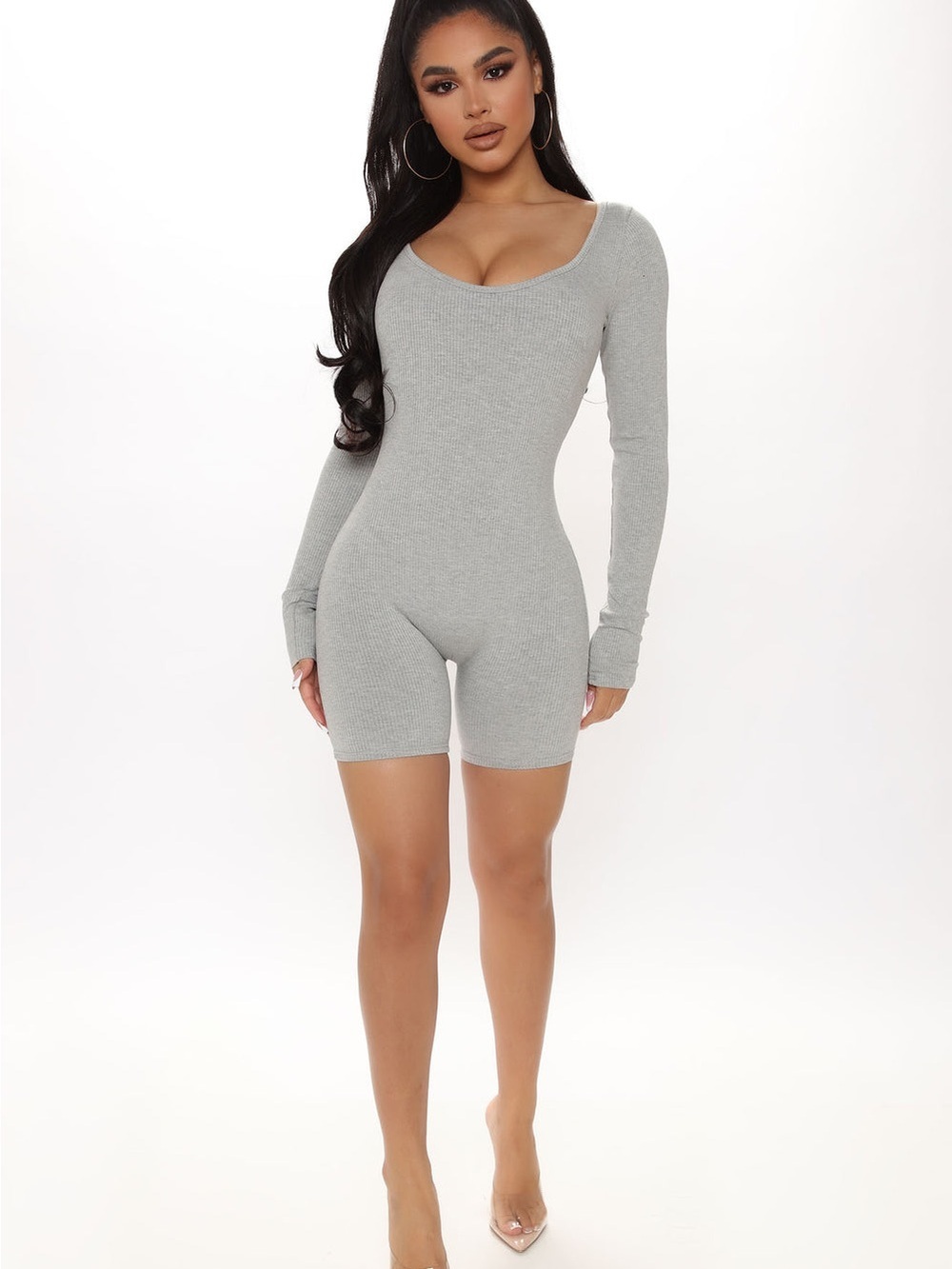 Fashion Nova Light Gray Ribbed Scoop Neck Romper